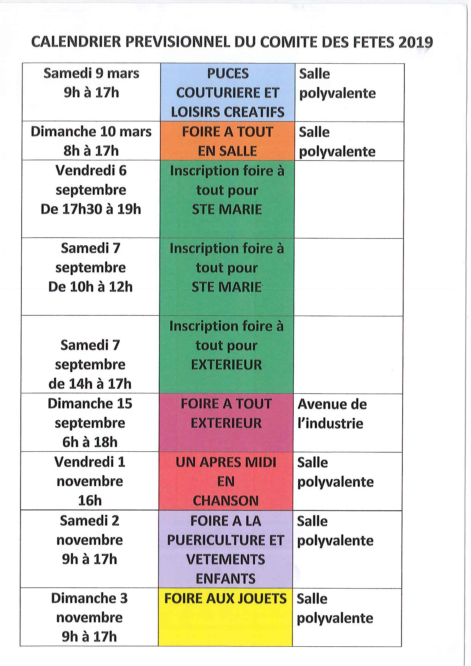 Calendrier des activités 2019 du
Comité des Fêtes Samaritain